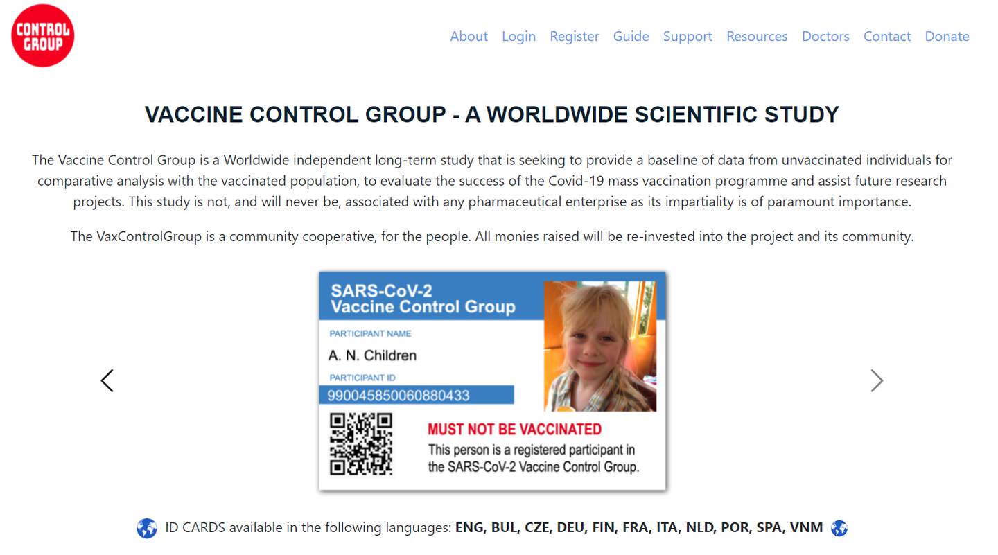 The homepage of the Vax Control Group website.