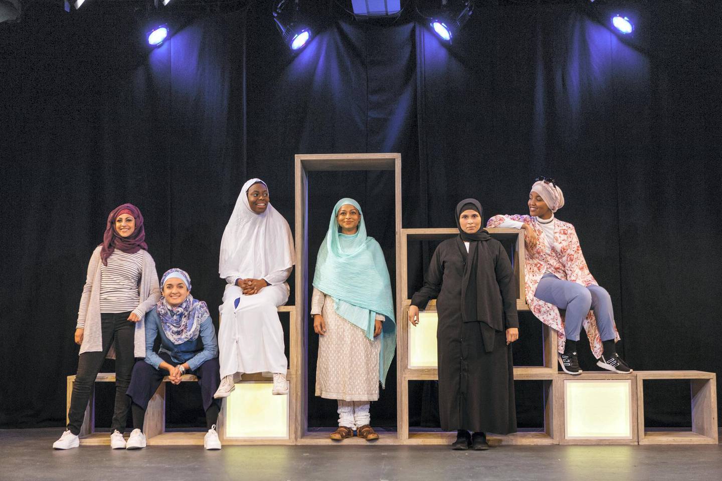 Performers from ‘Hijabi Monologues London’ act out stories drawn from the experiences of Muslim women. Courtesy Helen Murray