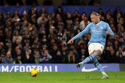 Manchester City's Erling Haaland scores the opening goal from the penalty spot. AFP