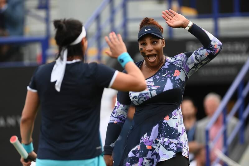 USA's Serena Williams and Ons Jabeur of Tunisia celebrate their victory over Marie Bouzkova of Czech Republic and Sara Sorribes Tormo of Spain in the women's doubles match at Eastbourne on Tuesday, June 21, 2022. Getty