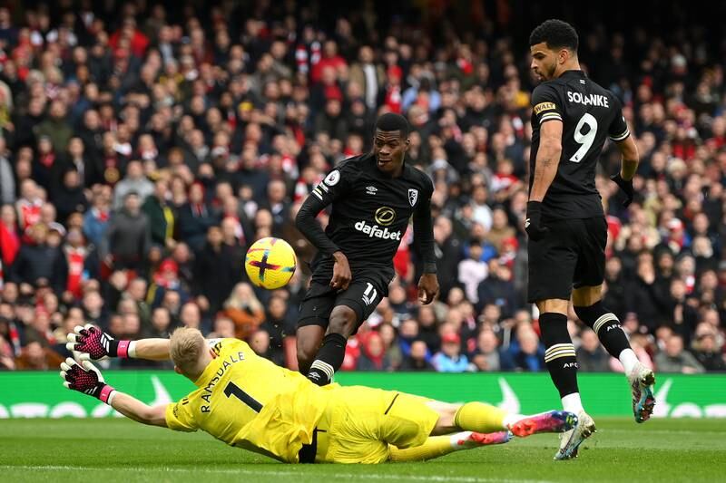 Arsenal goalkeeper Aaron Ramsdale saves from Dango Ouattara Bournemouth. Getty