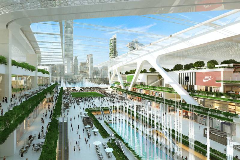 An artist rendition of the Meydan One Mall interior, which will feature a retractable roof that could be opened in the cooler, winter months to create an alfresco shopping and dining atmosphere. Courtesy The Meydan City Corporation