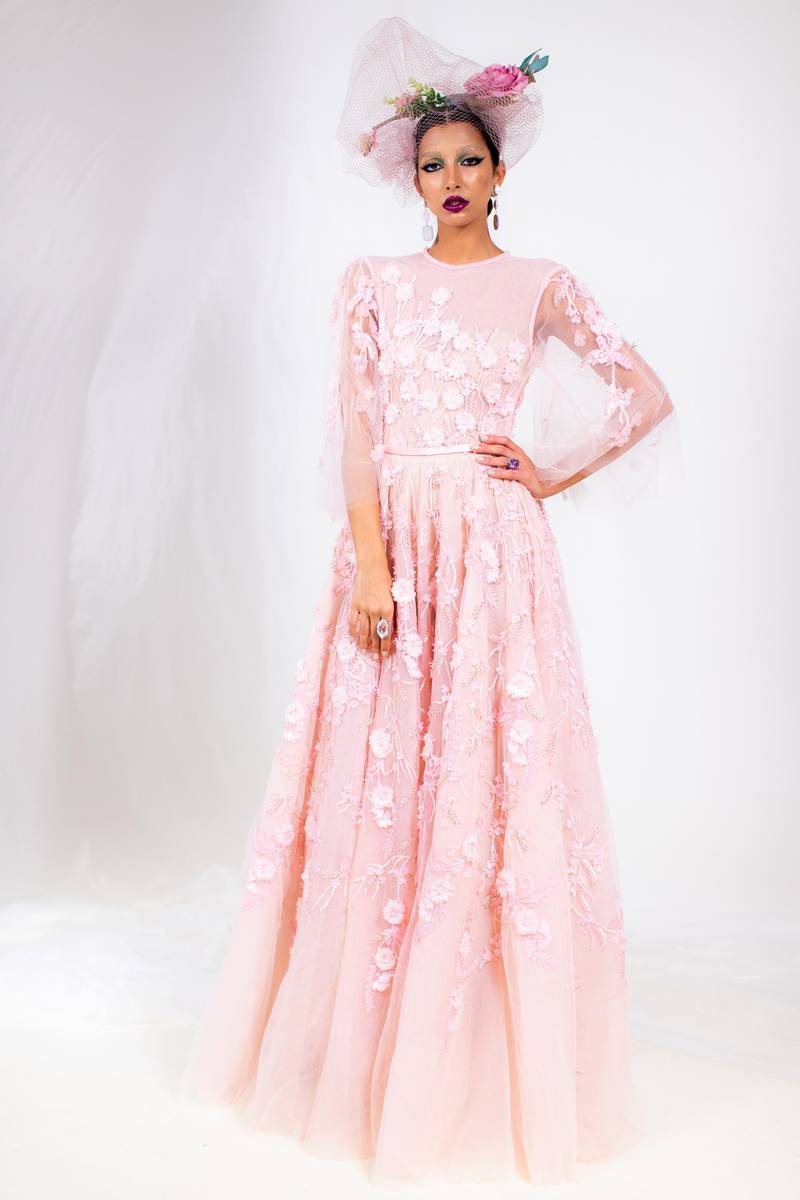 An Amato gown with a high neck in baby pink. Courtesy AFW