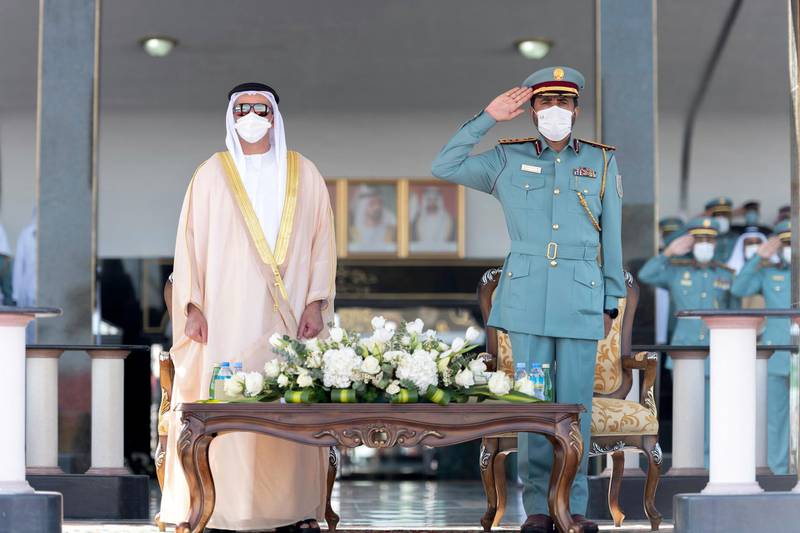 Sheikh Saif bin Zayed, Deputy Prime Minister and Minister of Interior, attends a graduation ceremony at Abu Dhabi Police College. The group of men and women included 18 graduates from Saudi Arabia, five from Bahrain, two from Jordan and one from Comoros. Wam