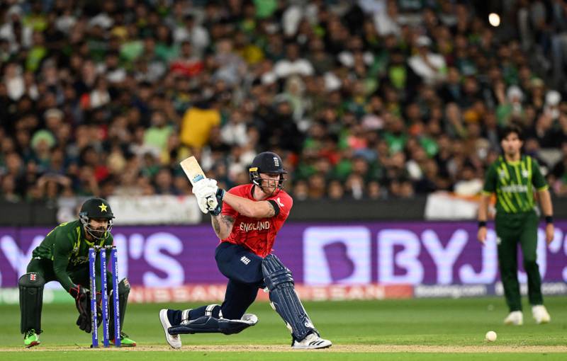 England's Ben Stokes plays a reverse sweep. AFP