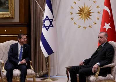 Israeli President Isaac Herzog, left, with his Turkish host President Recep Tayyip Erdogan in Ankara. EPA