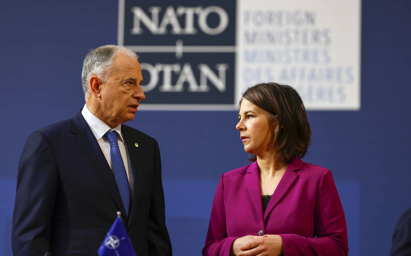Nato Deputy Secretary General Mircea Geoana talks to Annalena Baerbock, Foreign Minister of Germany, before a Nato meeting in Berlin on Sunday. EPA