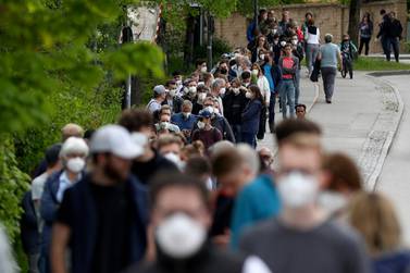 People queue at a vaccination centre in Ebersberg near Munich, Germany, Saturday, May 15, 2021. AP