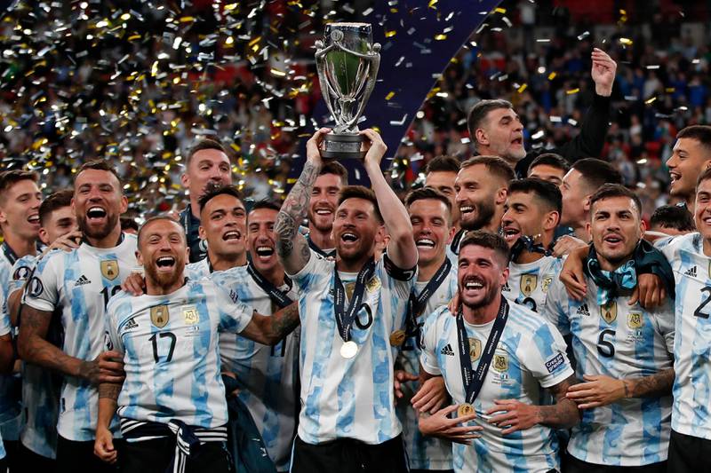 Lionel Messi lifts the trophy as Argentina celebrate their victory in the Finalissima against Italy at Wembley Stadium in London on June 1. AFP