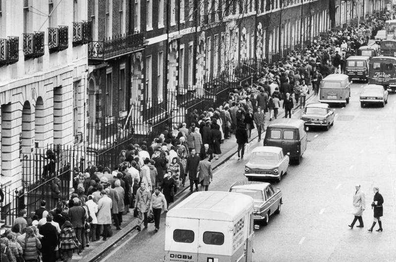 Queues in London for the British Museum's 1972 exhibition of artefacts from the tomb of Tutankhamun. 