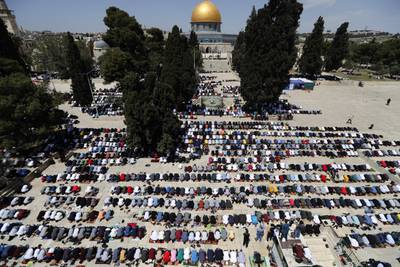 Palestinians take part in Friday prayers at Al Aqsa Mosque during Ramadan last year. AFP