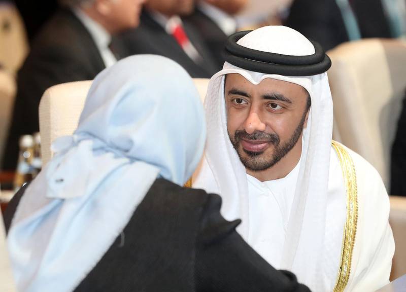 Abu Dhabi, United Arab Emirates - March 01, 2019: Sheikh Abdullah bin Zayed, UAE Minister of Foreign Affairs and International Cooperation speaks to Retno Marsudi, Indonesian diplomat and the Minister for Foreign Affairs at the OIC Ministerial Meeting. Friday the 1st of March 2019 at Emirates Palace, Abu Dhabi. Chris Whiteoak / The National