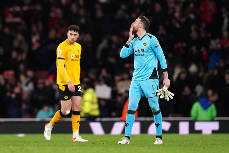 WOLVES RATINGS: Jose Sa, 6 – Did well to keep out Martinelli’s lifted attempt and Lacazette’s close-range strike, but he misjudged a cross from the right in the first half and seemed to turn Lacazette’s winner into his own net. PA