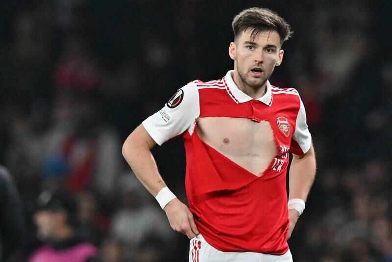 Arsenal defender Kieran Tierney after having his shirt ripped in second half. AFP