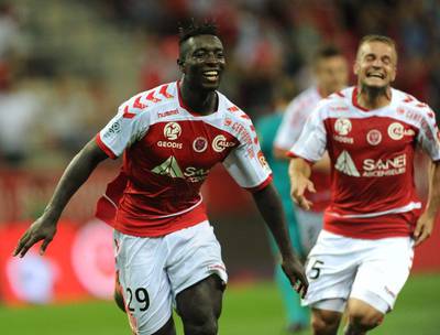 Reims forward Grejohn Kyei celebrates after scoring a goal during the team's win over Lorient in Ligue 1 on Saturday. Francois Lo Presti / AFP / August 29, 2015 