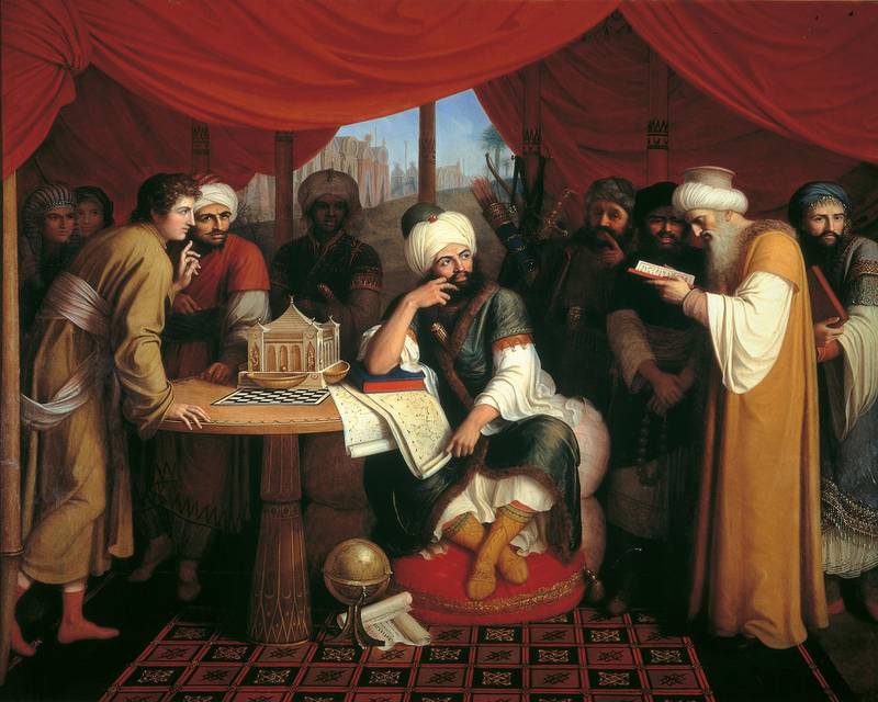 Harun al-Rashid in his Tent with the Wise Men from the East, by Gaspare Landi, 1813, 19th Century, oil on canvas. Italy, Campania, Naplesa, Capodimonte Museum. Whole artwork view. Portrait of a group of people, with the caliph at the center of the scene, surrounded by scholarly and scientific instruments. (Photo by Electa/Mondadori Portfolio via Getty Images)