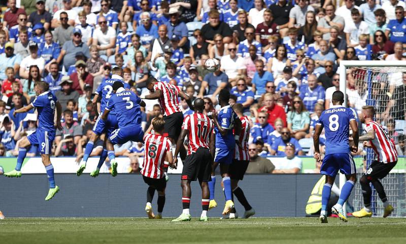 Leicester City's Timothy Castagne scores their first goal against Brentford at the King Power Stadium on Sunday, August 7, 2022. Reuters