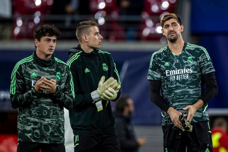 Thibaut Courtois takes part in a Real Madrid training session in Leipzig. EPA