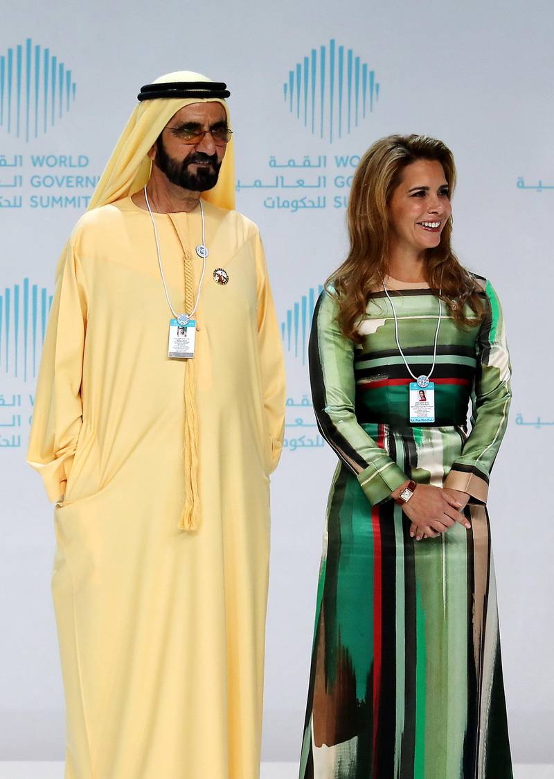 DUBAI , UNITED ARAB EMIRATES , FEB 11  – 2017 :- :- Sheikh Mohammed bin Rashid Al Maktoum , Vice President and Prime Minister of the United Arab Emirates (UAE), and ruler of the Emirate of Dubai and Princess Haya Bint Al Hussein , Chairperson of the International Humanitarian City on the first day of World Government Summit 2018 held at Madinat Jumeirah in Dubai. ( Pawan Singh / The National ) For News