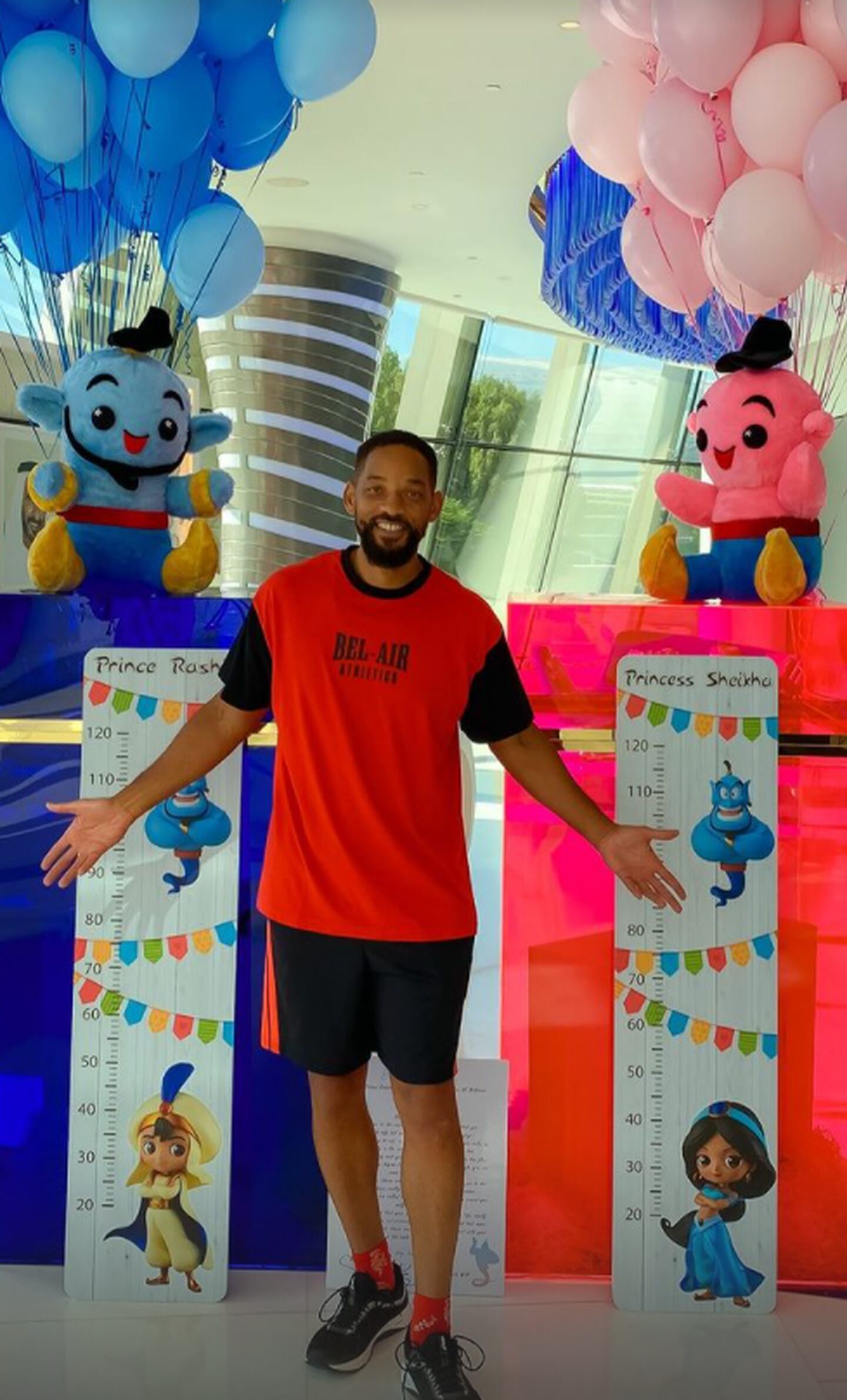Will Smith poses with the presents he sent to Sheikh Hamdan's new twins, Rashid and Sheikha. Faz3 Instagram