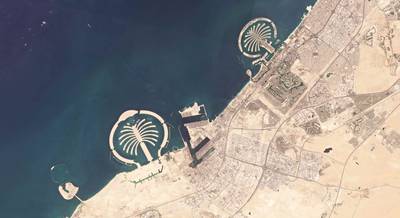 This September 2021 satellite photo shows southern Dubai. Right to left, you can see Palm Jebel Ali, Jebel Ali Port, Dubai Marina and Palm Jumeirah. Photo: Planet Labs