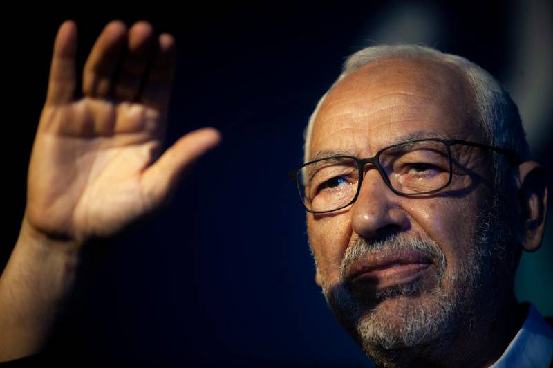 President of the Islamist party Ennahda and candidate for the upcoming Parliamentary election Rached Ghannouchi waves to supporters during a meeting in Tunis, Tunisia, Thursday, Oct. 3, 2019. The parliamentary elections are set for Sunday Oct. 6, 2019. (AP Photo/Hassene Dridi)