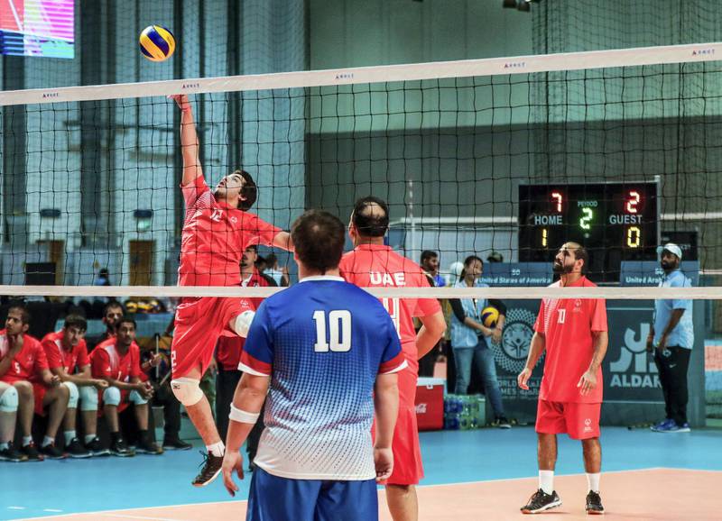 Abu Dhabi, March 17, 2019.  Special Olympics World Games Abu Dhabi 2019. Volleyball match at Adnec.  UAE VS.  USA..--   Mohamad Al Bonni dives to save the ball.Victor Besa/The National