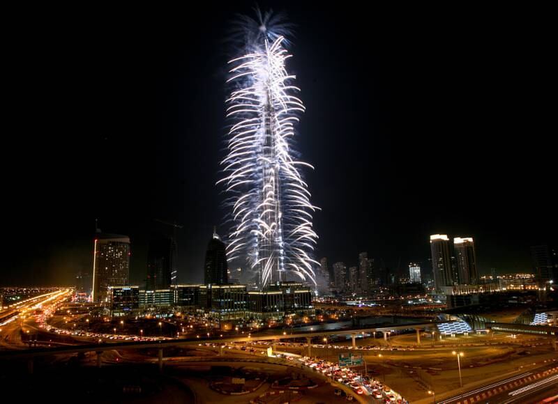 DUBAI - JANUARY 4,2010 - Colorful fireworks completes the opening of the Burj Khalifa in Dubai. ( Paulo Vecina/The National ) 
EDITORS NOTE: Building was opened at 8pm on January 4th, 2010 at which point the name changed from Burj Dubai to Burj Khalifa. Official name is now Burj Khalifa *** Local Caption ***  PV Fireworks 5.jpg PV Fireworks 5.jpg