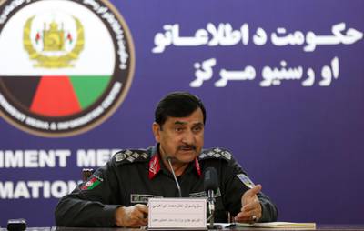 Deputy Interior Minister Gen. Akhtar Mohammad Ibrahimi, gives a press conference at the Government Media and Information Center, in Kabul, Afghanistan, Monday, Nov. 26, 2018. (AP Photo/Massoud Hossaini)
