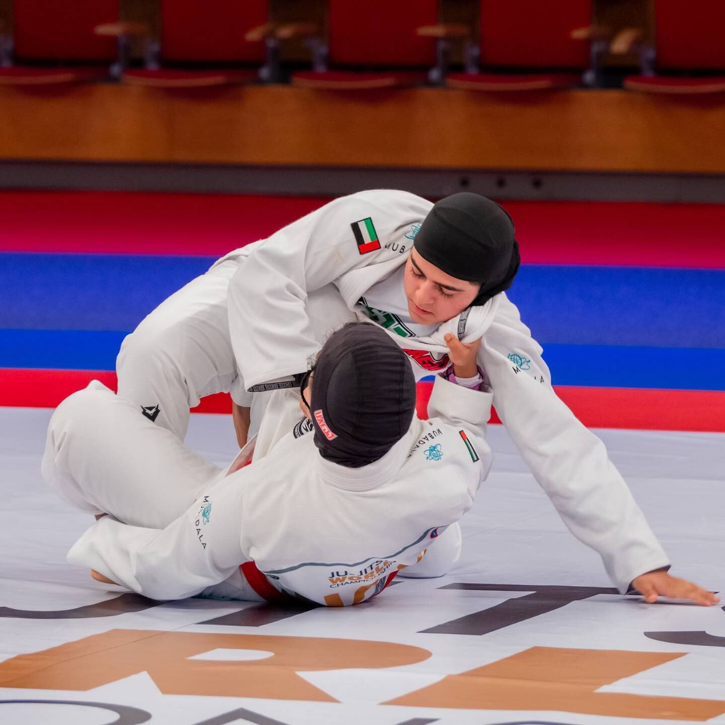 Emirati Khuloud al Bloosh in action in the U16 girls at the Jiu-Jitsu World Championship at the Jiu-Jitsu Arena on Sunday, October 30, 2022. Photo: UAE JJF