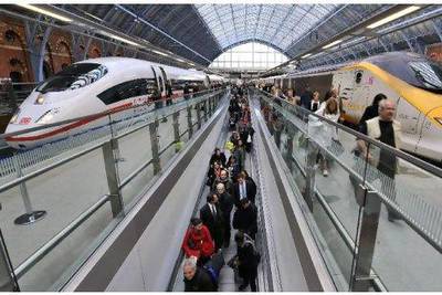 The St Pancras International Station in London. Rail travel is enjoying a renaissance in Europe and is less damaging to the environment than air travel. Lennart Preiss / AP Photo