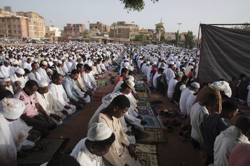 Sudanese worshippers gather for the Eid Al Fitr prayer in Khartoum. AP