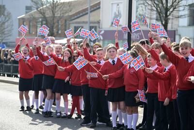 Schoolchildren in Cookstown lined up to greet the British royal couple. Getty Images