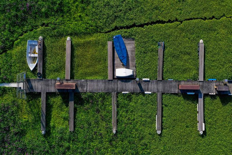 A bird’s eye view of a jetty at the dried up Edersee lake near Waldeck, western Germany. AFP
