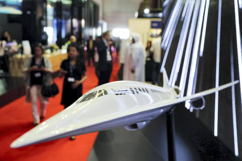 Dubai, United Arab Emirates - November 14th, 2017: A model of a Boom plane at the Dubai airshow. Tuesday, November 14th, 2017 at Al Maktoum Airport, Dubai. Chris Whiteoak / The National