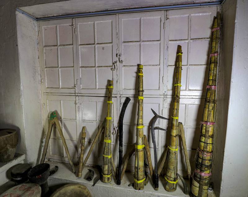 Traditional wazza instruments, right, the qarn instrument made from an animal horn, third left and the affeh, left.