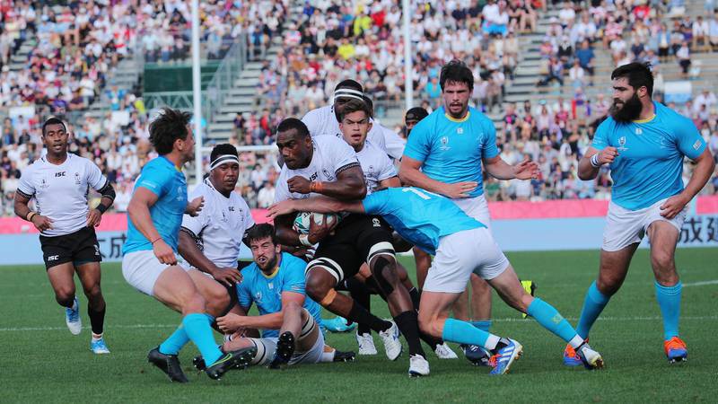 Mosese Voka of Fiji is tackled during the Rugby World Cup 2019 Group D game between Fiji and Uruguay at Kamaishi Recovery Memorial Stadium in Kamaishi, Iwate, Japan. Getty Images