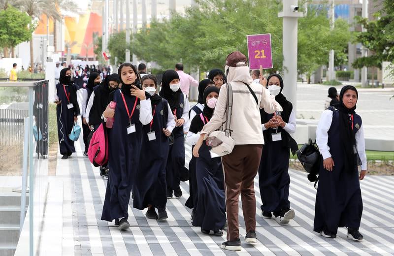 School students during their visit at the EXPO 2020 site in Dubai on 3 October, 2021. Pawan Singh/The National.