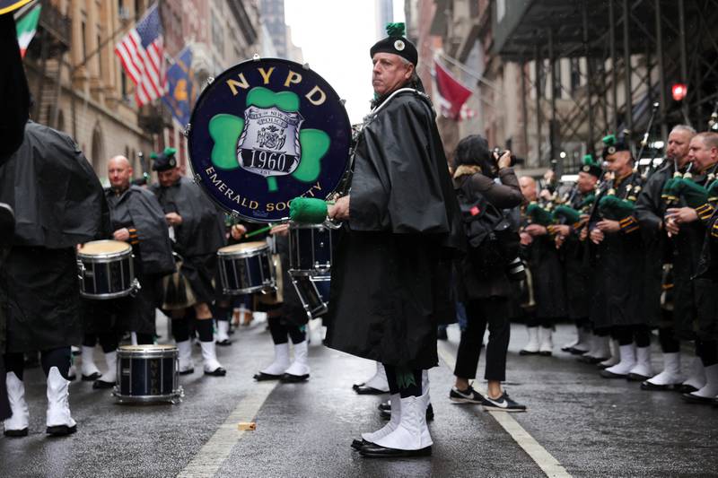 New York City Police Department Emerald Society practise before the St Patrick's Day parade on Fifth Avenue. Reuters