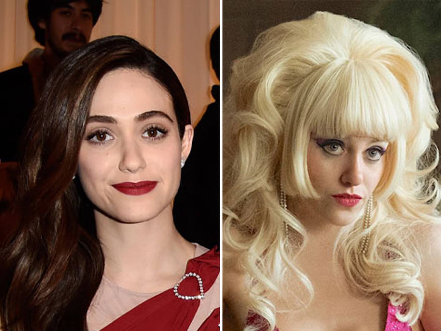 Emmy Rossum in 'Angelyne'. Photos: Getty Images; Peacock