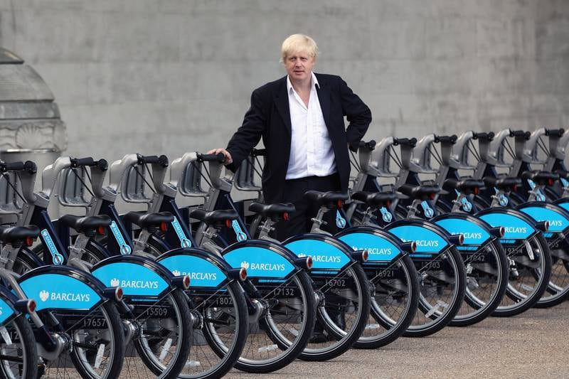 Mr Johnson poses at the launch of London's first cycle hire scheme in July 2010. Getty