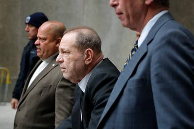 Harvey Weinstein, third from left, leaves court in New York, Monday, Jan. 6, 2020. The disgraced movie mogul faces allegations of rape and sexual assault.  (AP Photo/Seth Wenig)