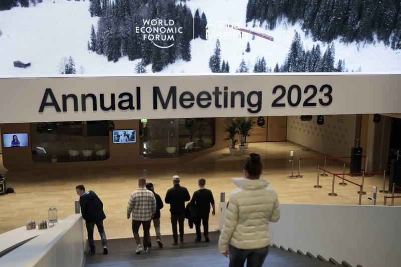 A banner above the steps to the Davos Congress Centre. AP
