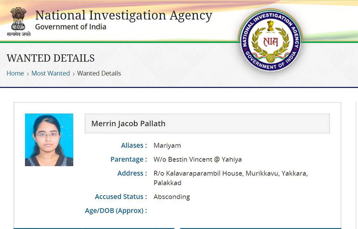 A screen grab of the 'most wanted' listing for Maryam, formerly Merin Jacob, on the website of India's National Investigation Agency.