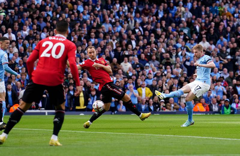 Manchester City's Kevin De Bruyne sees an early chance saved by David de Gea. PA