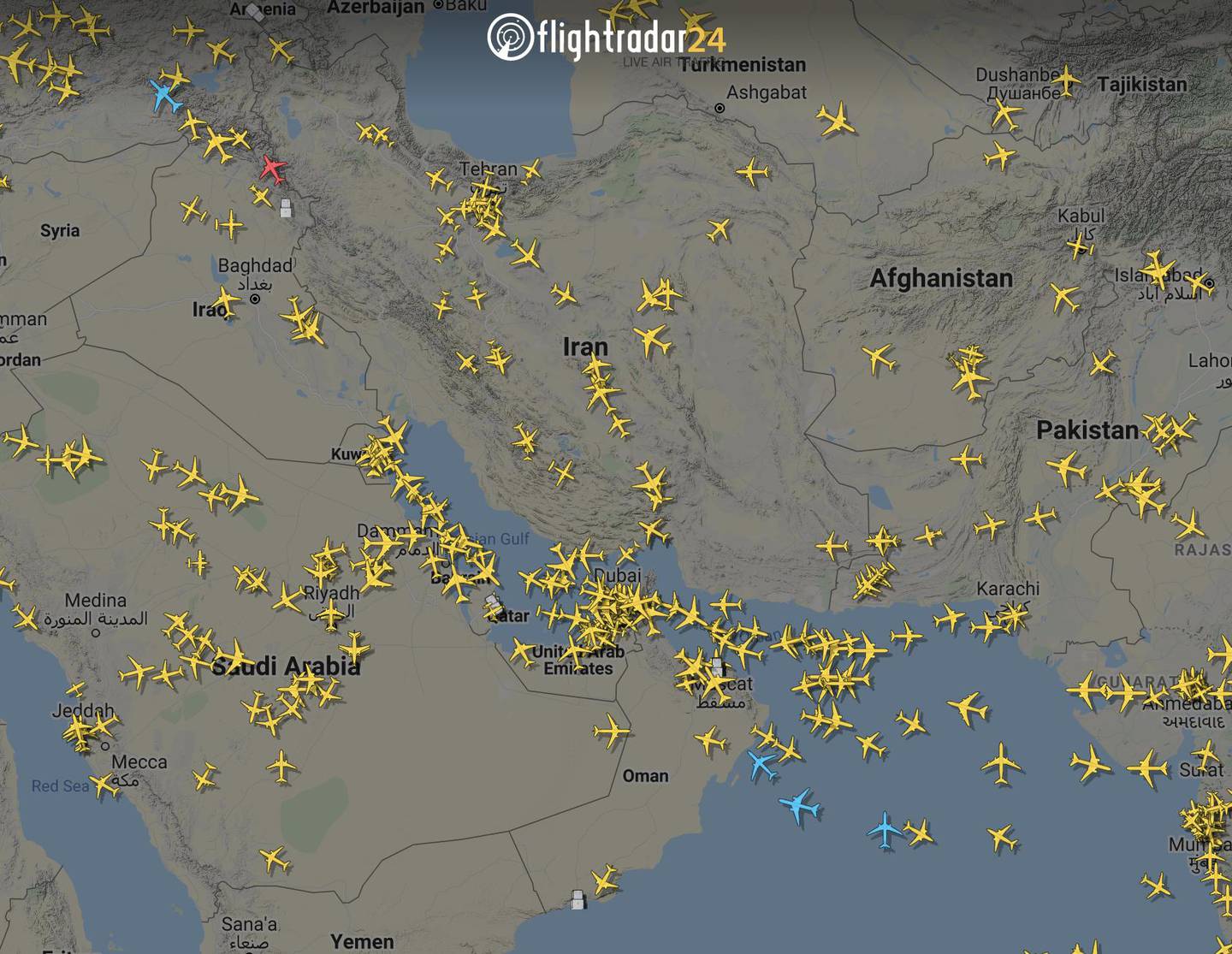 Air traffic above the UAE in January 2021. Courtesy FlightRadar24