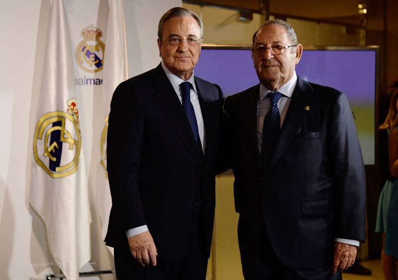 Real Madrid president, Florentino Perez (L) poses with honour president Francisco "Paco" Gento after a press conference following his re-election for the club's presidency at the Santiago Bernabeu on June 19, 2017. EPA