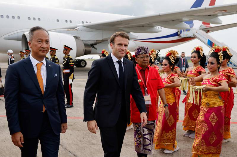 French President Emmanuel Macron is welcomed. AFP