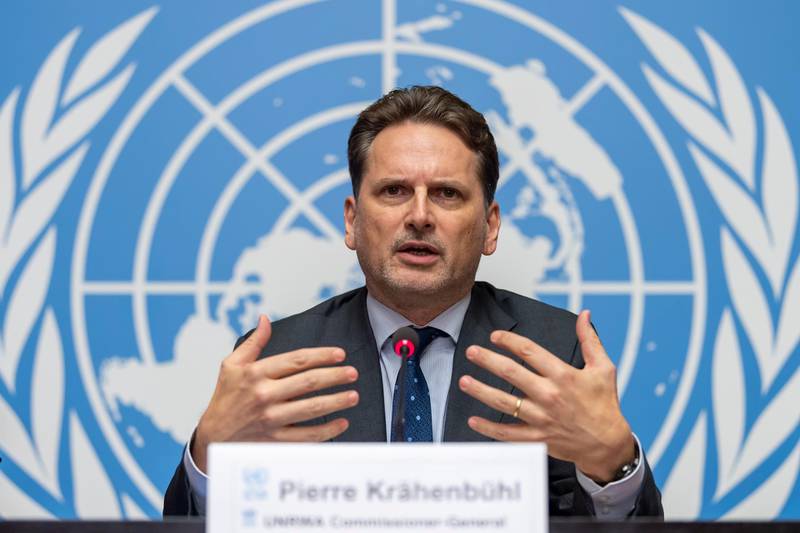 epa07167180 Switzerland's Pierre Kraehenbuehl, UNRWA Commissioner-General, speaks about the UNRWA work, achievements and challenges in 2018 and beyond, during a press conference, at the European headquarters of the United Nations in Geneva, Switzerland, 15 November 2018.  EPA/MARTIAL TREZZINI