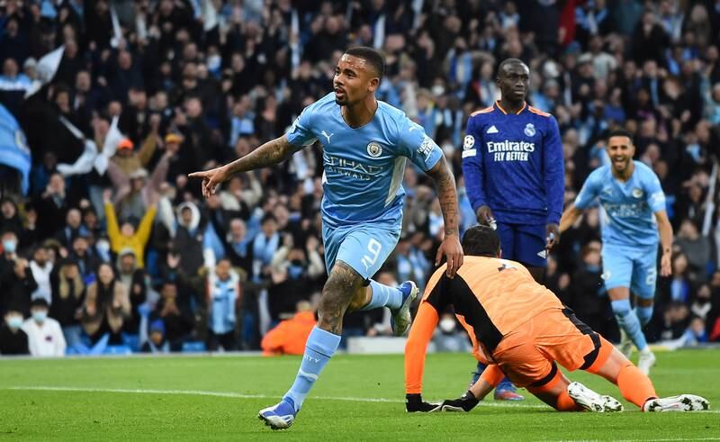 Gabriel Jesus - 7: Four goals against Watford at weekend and continued his scoring streak with calm finish to make it 2-0 in blistering start from City. EPA